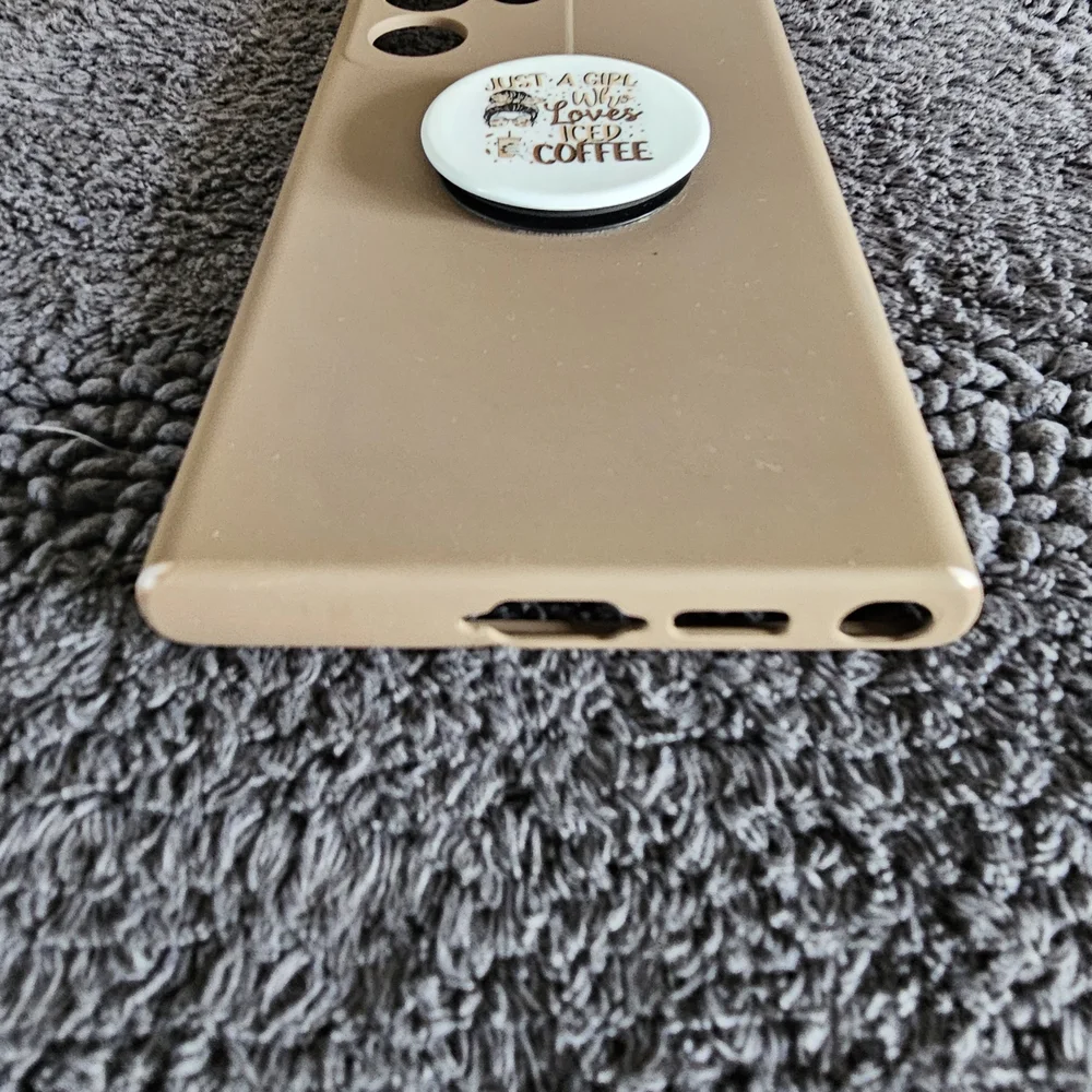 Samsung Galaxy S23 Ultra Tan Phone Case with Coffee-Themed PopSocket